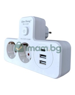 Щепсел 2500W с 2 гнезда, 2 x USB, 1 x USB-C FastCharge 20W